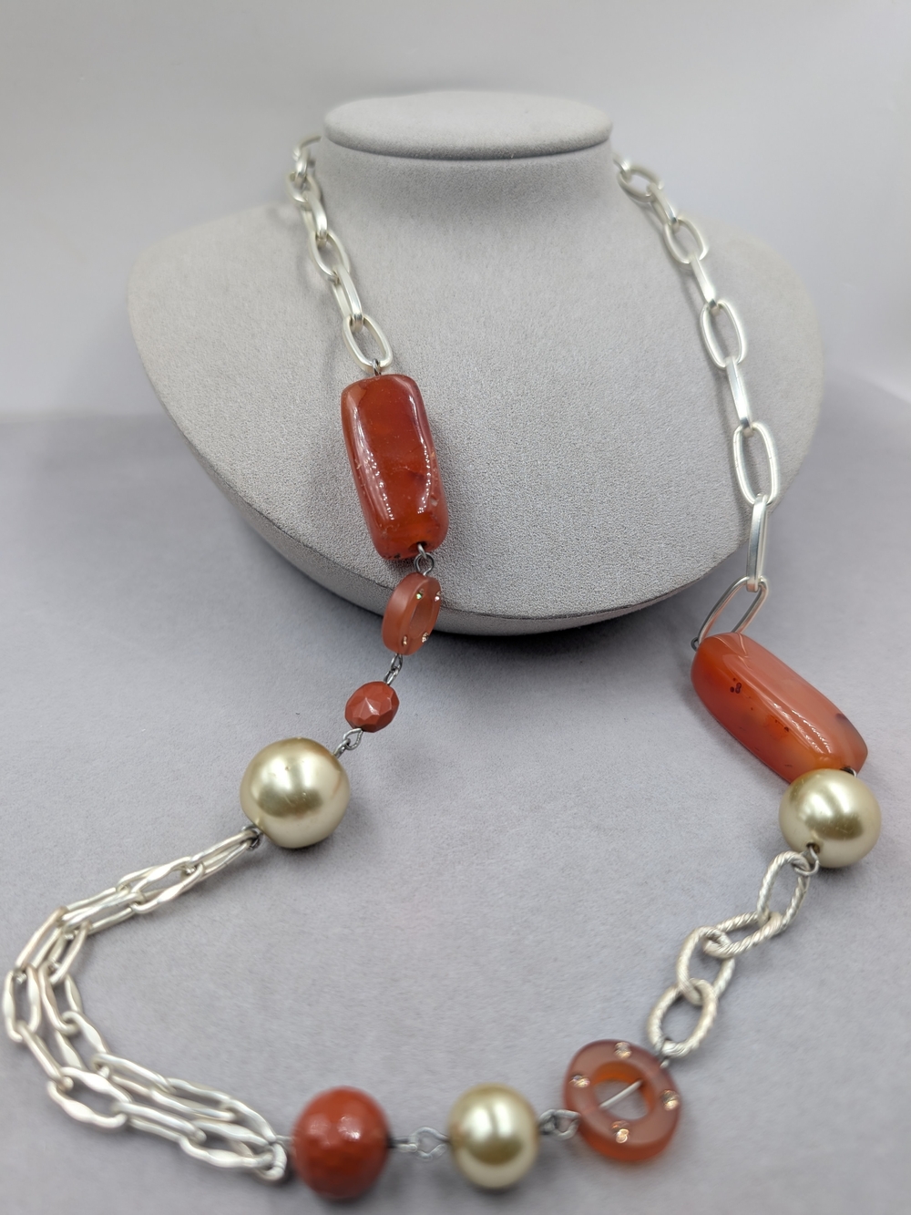 Gay Isber Coral Orange Pearl Mixed Chain Statement Necklace | 0141